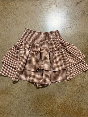 Sienna Sky Brown Gingham Tiered Smocked Mini Skirt